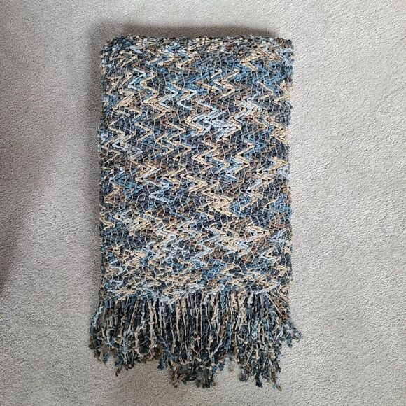 Chenille Woven Knit Open Weave Throw Blanket Chevron Pattern With Fringe Ocean - Picture 9 of 12